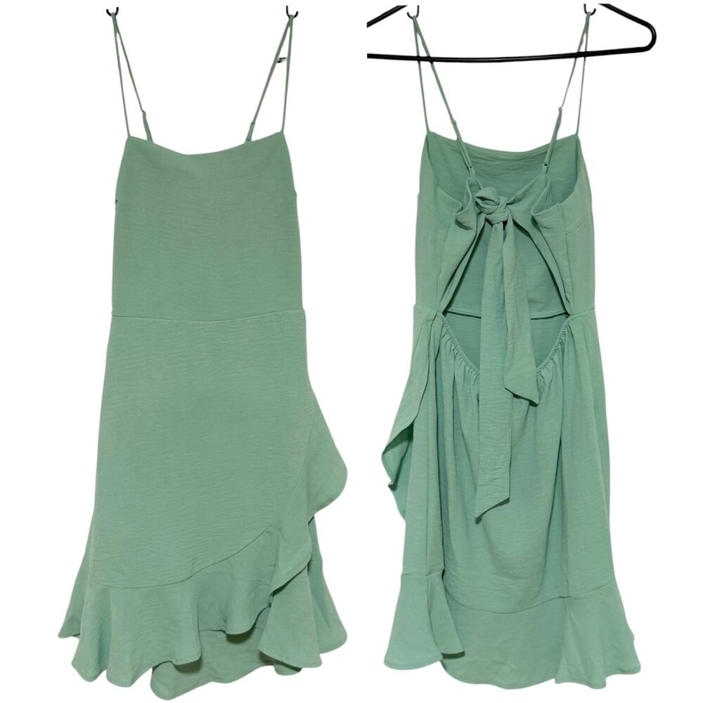 MONTEAU Mini Wrap Dress Sage Green Open Tie Back Size Medium Square Neck